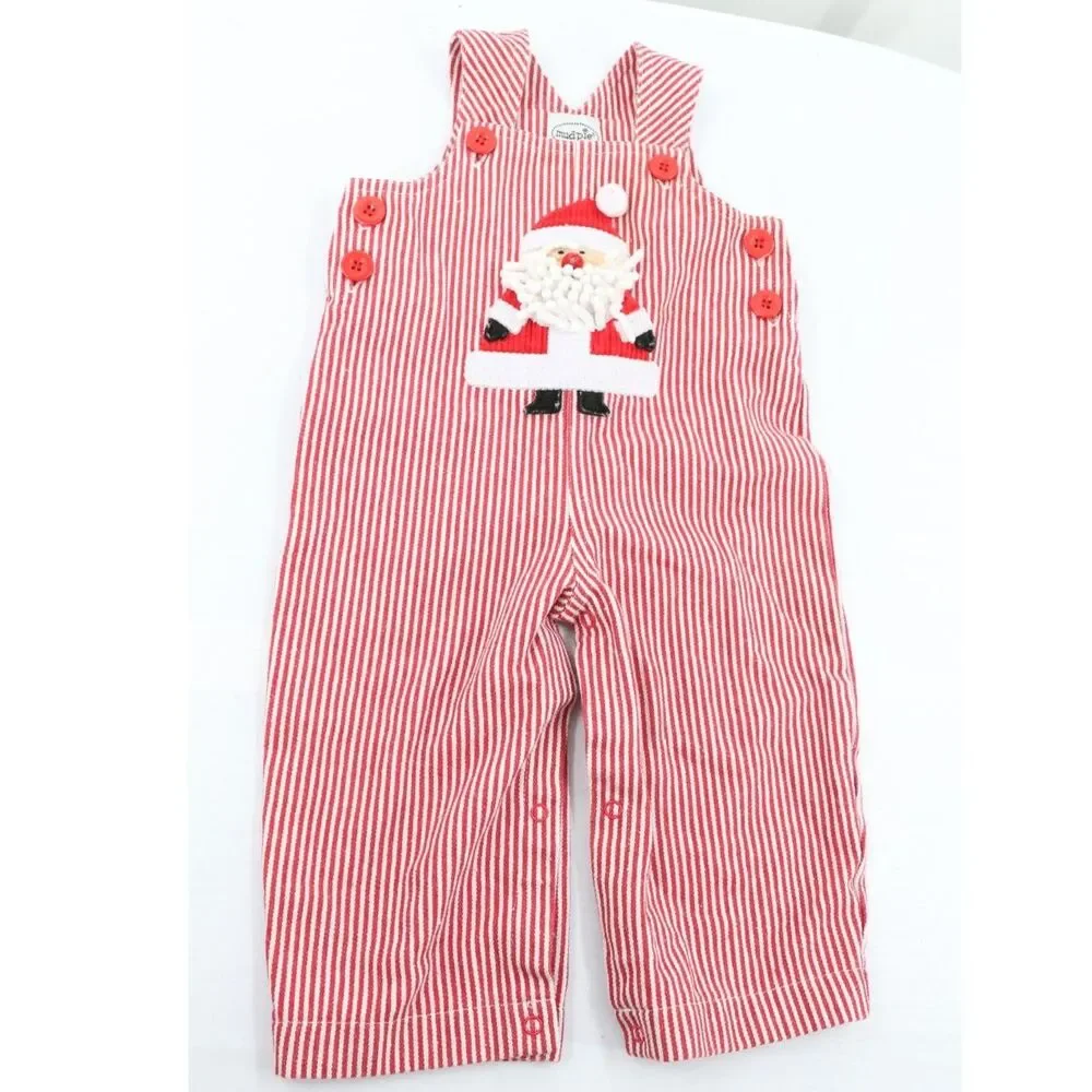 Mud pie Babys Striped Christmas Overalls Size 9-12 Months Red White Santa Clause